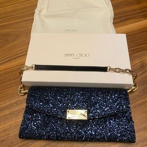 Jimmy Choo Navy Coarse Glitter Fabric Clutch Bag